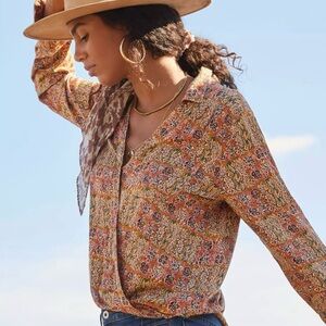 Anthropologie Pilcro Tisha Surplice Blouse Boho Floral Wrap Top Medium